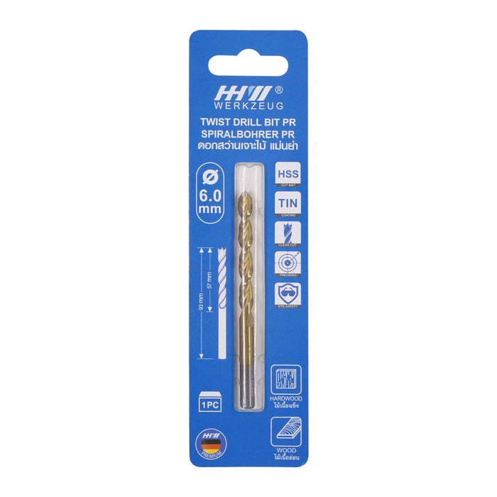 HHW ดอกสว่านเจาะไม้ พรีเมียม (Premium) Precision twist drill bit HSS TIN