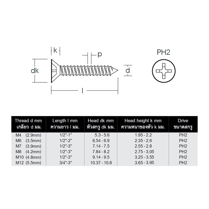 HHW สกรูเกลียวปล่อย PH2 Self Tapping Screw