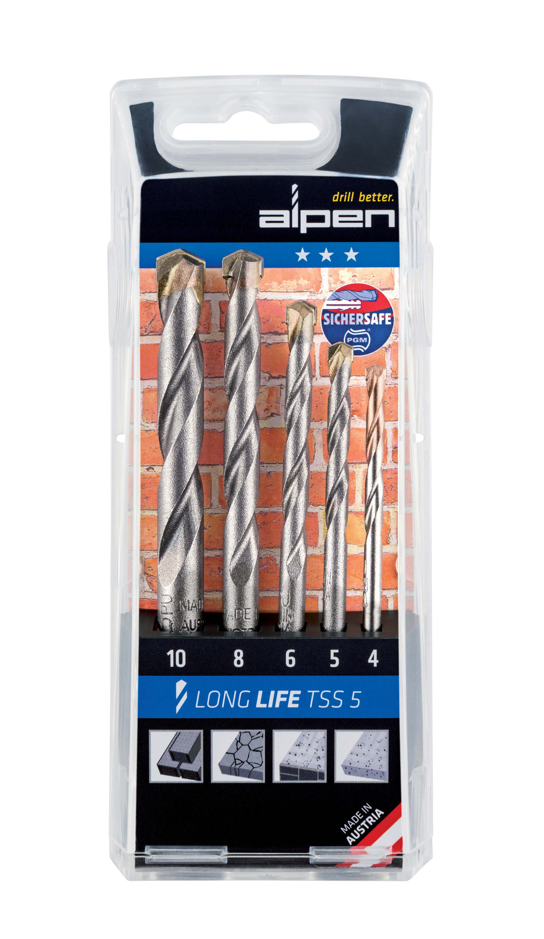 Alpen ดอกสว่านเจาะปูนทังสเตนคาร์ไบด์ ชุด 5 ชิ้น, LONG LIFE TSS5 SET DIN ISO 5468 5pcs.